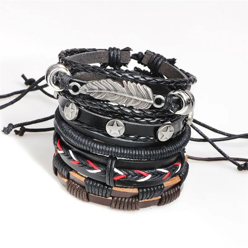 Janeyacy 1 комплект/5 шт. черный кожаный браслет Brave Knight мужской браслет женский браслет перо многослойный браслет мужской Панк Pulseira