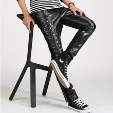 Размеры от 28 до 33! корейские мужские локомотив сшивание кожаные брюки тонкие мужские подростковые повседневные кожаные брюки сценические костюмы