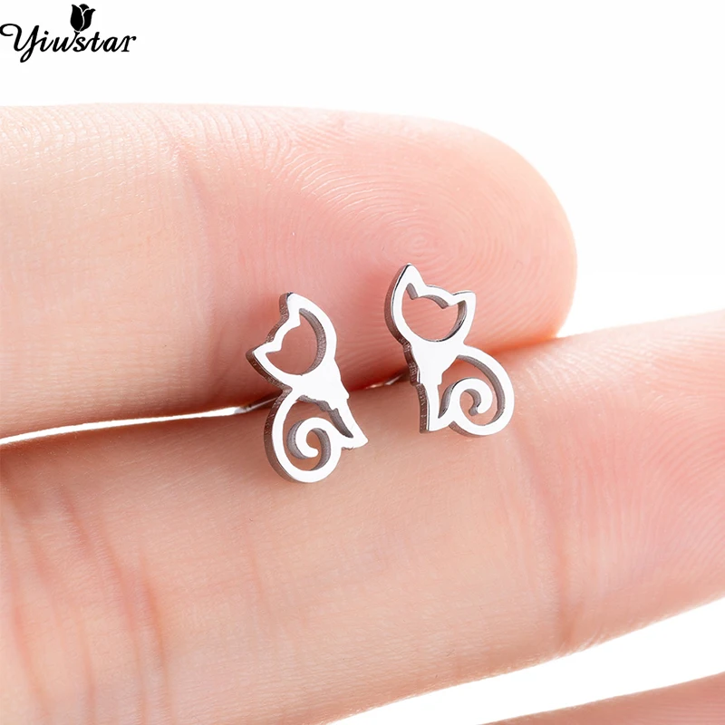 

Yiustar Colorful Minimalist Stainless Steel Stud Earrings for Women Kids New Fashion Cute Kitten Ear Studs Cat Carnations Gifts