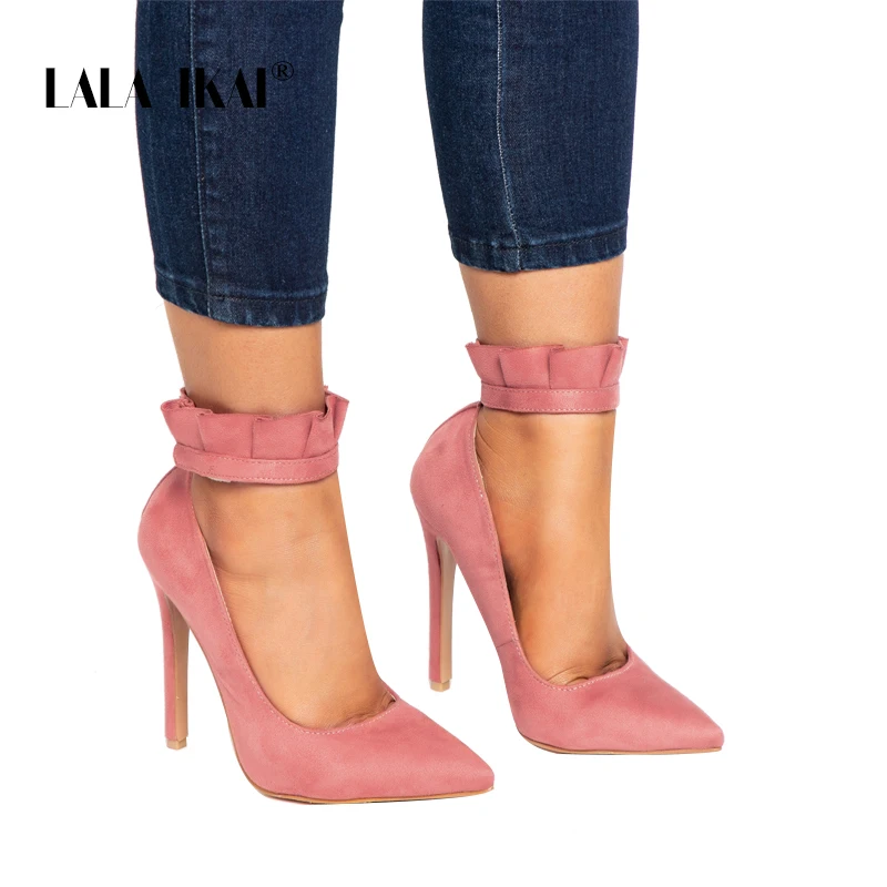 LALA IKAI Heels Pointed Toe Women Pumps Ruffles 12 CM Sexy High Heels Buckle Strap Party Shoes Wedding Shoes 014C1867 -49