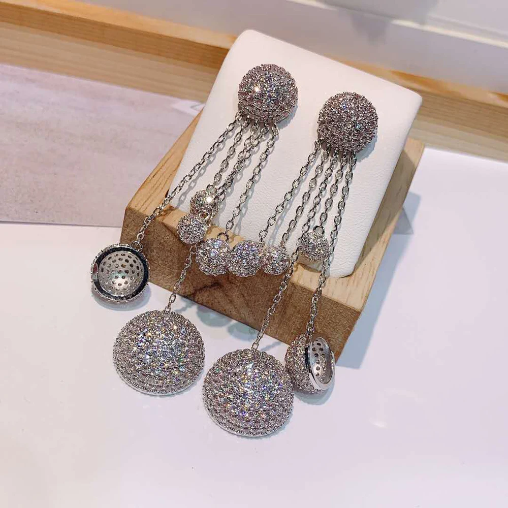 HIBRIDE New Arrival Long Round Drop Dangle Earrings AAA Cubic Zircon Pave for Women Pendientes Mujer Brincos Party Jewelry E-471 - Image 2