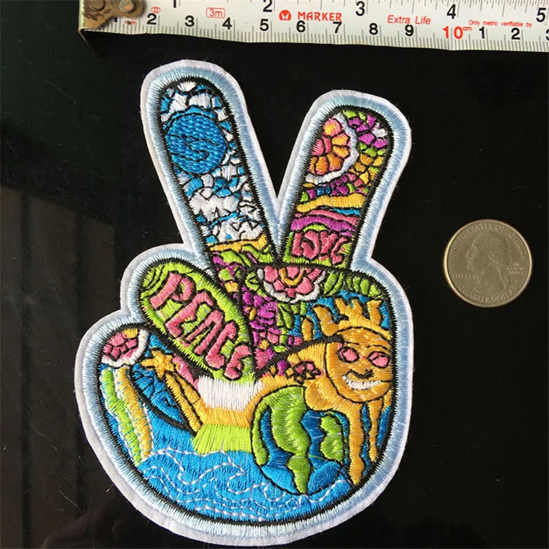 

V Sign Victory Hand Hippie Peace & Love Symbol Moon And Sun Rainbow Rock Punk retro sew applique iron on patch Biker Vest Patch