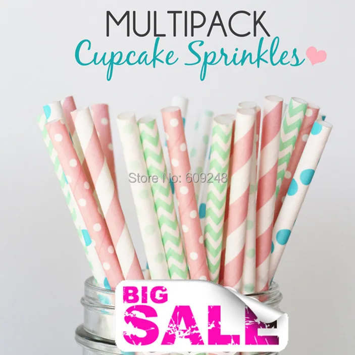 

125pcs Mixed Colors CUPCAKE SPRINKLES Themed Paper Drinking Straws,Pink and Mint Swiss Dot, Striped, Chevron, Aqua Polka Dot