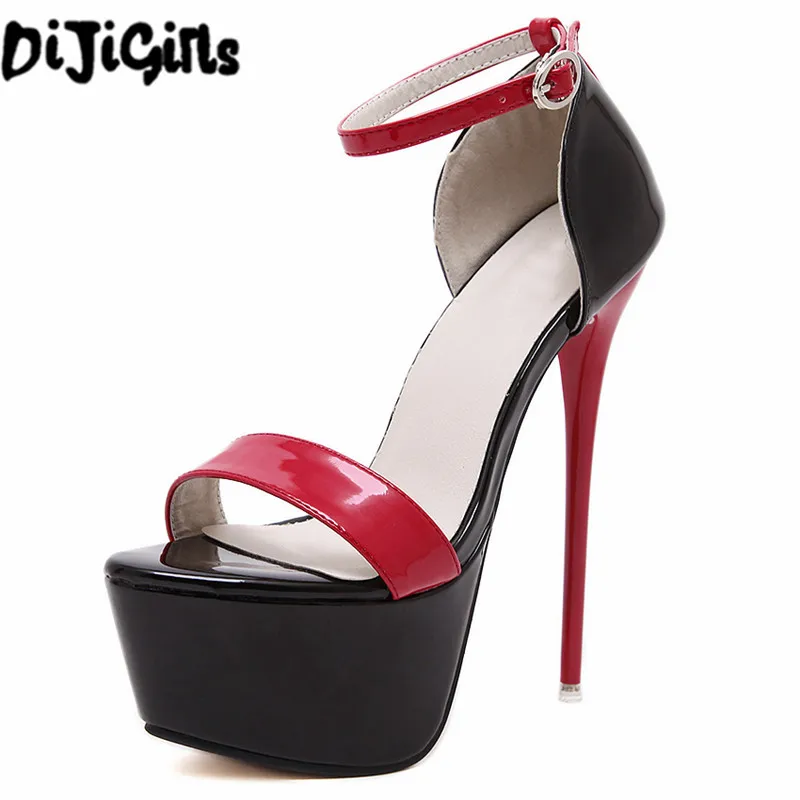 

red white Women high heel sandals gladiator party clubwear ankle strap patent leather concise ultra very high heel fetish shoes