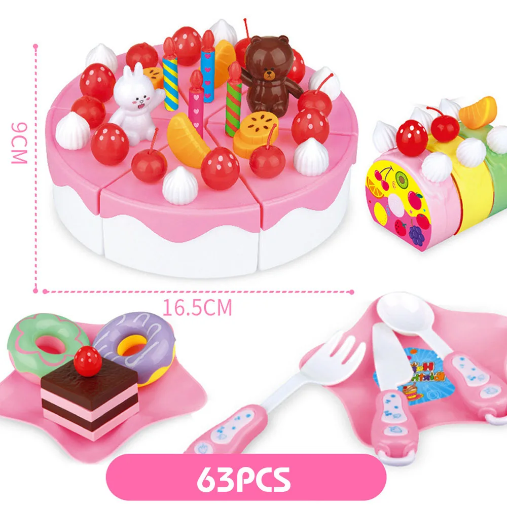 103 шт DIY ролевые игры фруктовая резка торт на день рождения кухня еда игрушки Cocina De Juguete игрушка розовый синий подарок для девочек для детей - Цвет: 63pcs pink