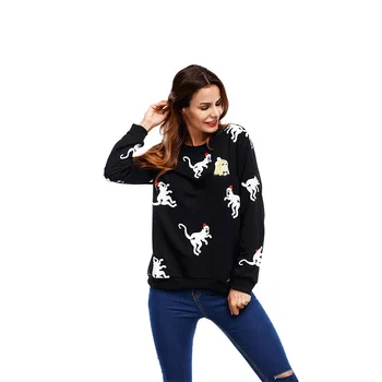 

2018 Autumn New Fashion Black White Cartoon Animal Pattern Hoodies Women Monkey Pattern Pullover Sweatshirt Female Tracksuit