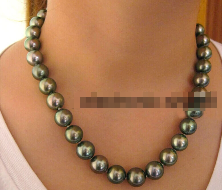 

huij 004907 AAA+10-11mm REAL natural TAHITIAN black GREEN pearl necklace 14k