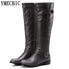 YMECHIC/ модные сапоги до колена с пряжкой, женская зимняя обувь, серый, коричневый, черный цвет, большие размеры 10, 10,5, женские мотоциклетные сапоги