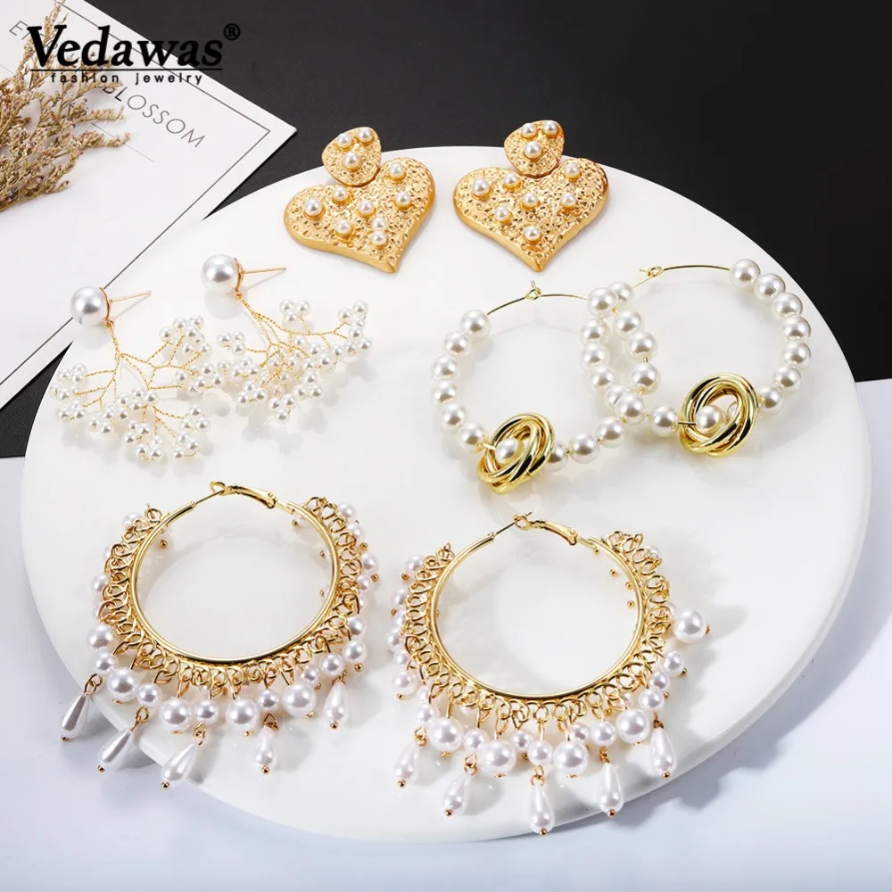 

Vedawas Korea Statement Simulated Pearl Drop Earrings Maxi Crystal Heart Flower Drop Dangle Earrings for Women Party Gift xg2437