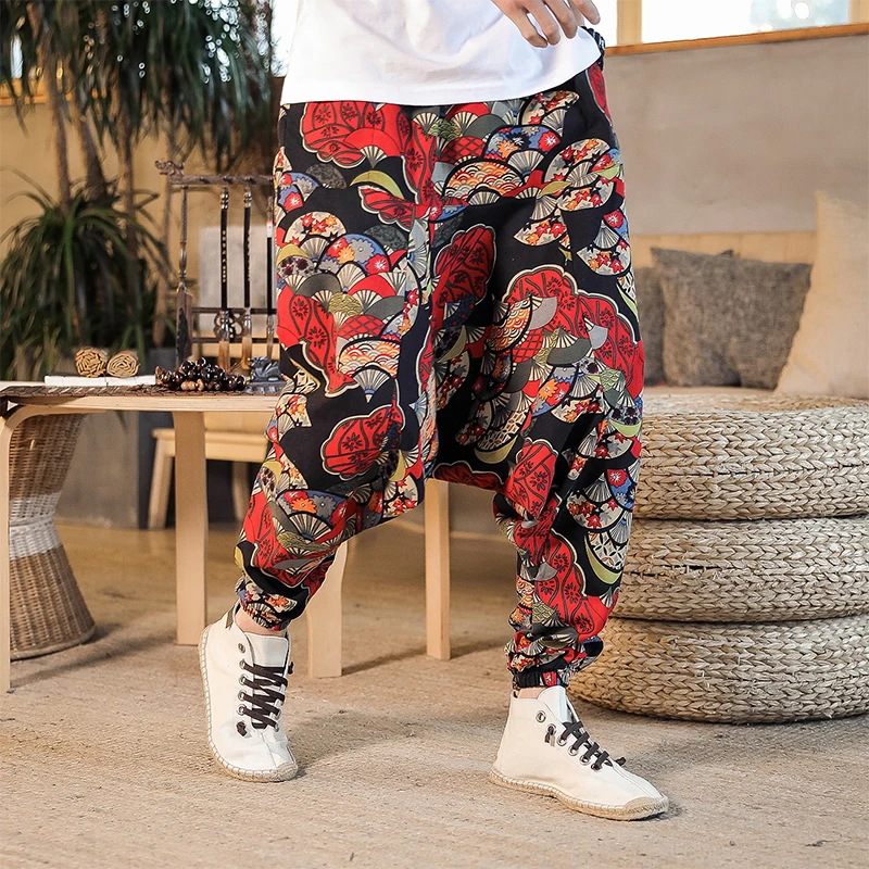 LOLDEAL Spring Summer Hanging Pants Chinese Style Casual Loose Nepal Pants Linen Pants Men's Big Pants