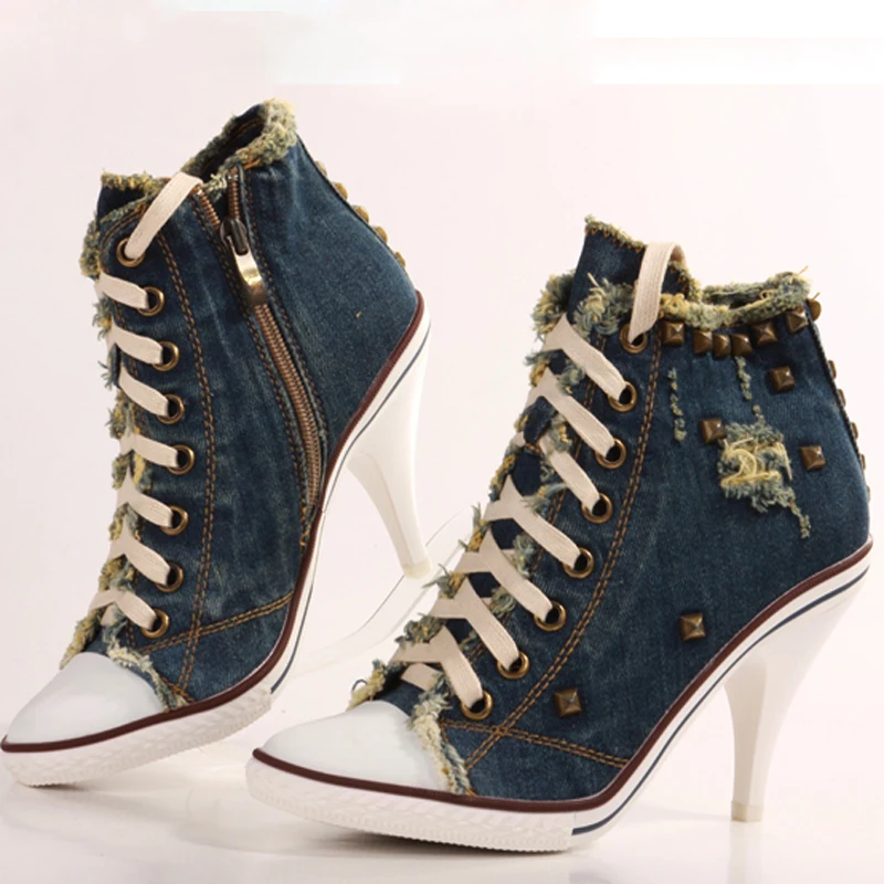 

Ladies Retro Rivets Studs Abraded Denim Cloth Ankle Booties Women Spike Heels Lace Up Zipper Short Boots Jeans Bottines Shoes