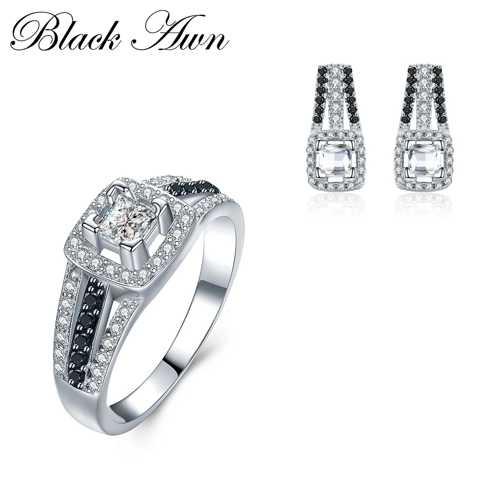 

[BLACK AWN] 925 Sterling Silver Fine Jewelry Sets Trendy Engagement Earring for Women Wedding Ring TR023