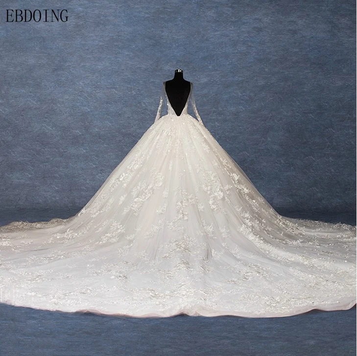 Настоящая фотография Vestidos De Novia бальное свадебное платье с глубоким декольте полный рукав Королевский Шлейф размера плюс кружева невесты