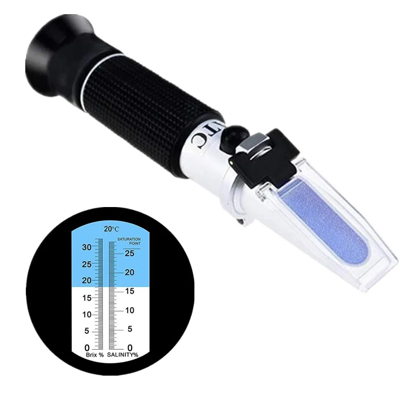 

Handheld Refractometer 2 in 1 food Salinity Refractometer 0-28% and Sugar Concentration Meter Densimeter 0-32% Refractometer