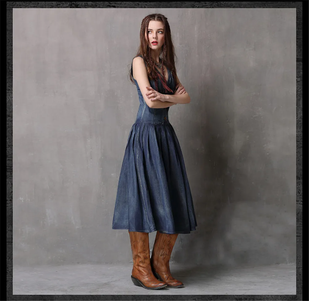 Vintage Summer Deep V-Neck Dress 2018 Boho New Denim Women Dresses Sleeveless A-line Swing Hem Sundresses Vestidos Femininas (11)