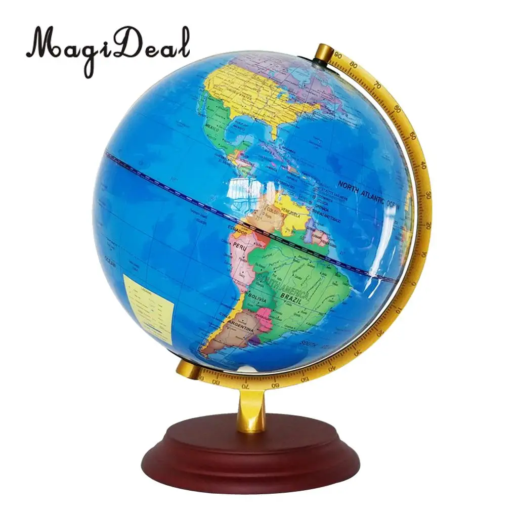 MagiDeal Vintage 23cm Light Up Wooden Base Metal Stand Geographical World Globe Map Home School Office Decor Ornaments Blue
