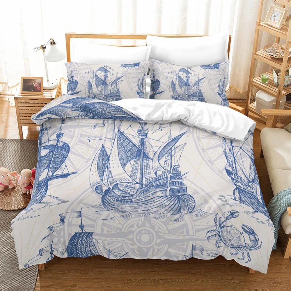 

3 Pieces Bedding Set Maritime Navigation Era Graphic Duvet Cover Pillowcase Unfading Stain Resistant Machine Washable