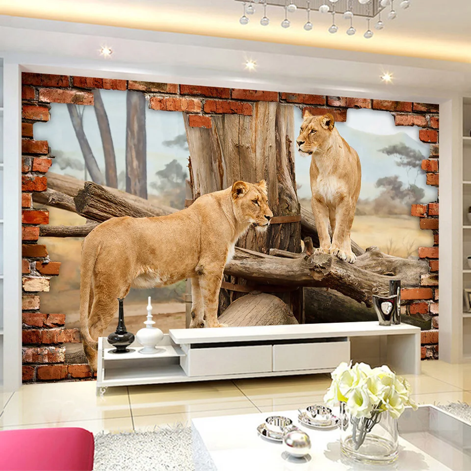 

beibehang Custom Photo Wallpaper 3D Stereo Space Brick Wall Animal Lion Background Mural Living Room Bedroom Papel De Parede