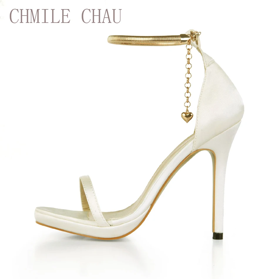 

CHMILE CHAU Bridal Ivory Satin Elegant Wedding Shoes Women Stiletto High Heels Iron Chain Ladies Sandals Zapatos Mujer 0640A-13L
