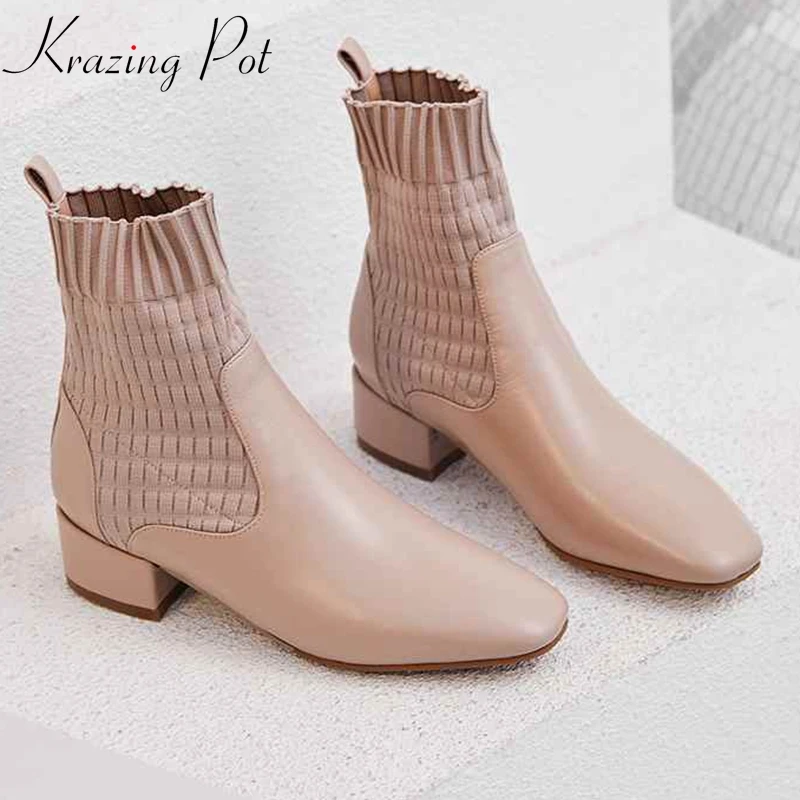 Krazing pot/красивые женские зимние ботильоны из натуральной кожи на среднем каблуке