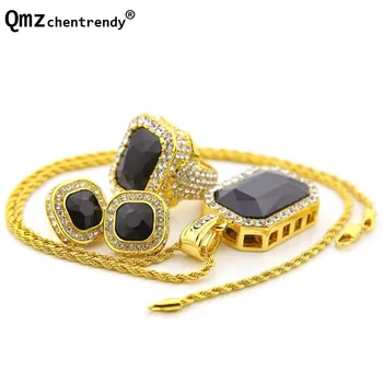 

Hip hop Women Octagon Square Rinestone Twisted Chain Necklace Rings Earrings Bling Imitation Gemstone Full Crystal Jewelry sets