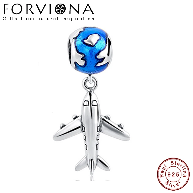 

100% Real 925 Sterling Silver Blue Enamel Plane Charm Bead Fit European Charm Bracelet For Women Silver Jewelry