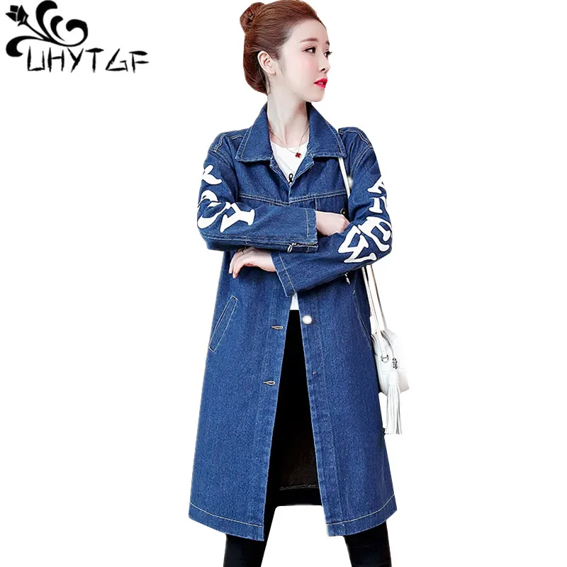 

UHYTGF Women spring autumn denim jacket loose 5XL plus size outerwear fashion single-breasted long jeans windbreaker jackets 636