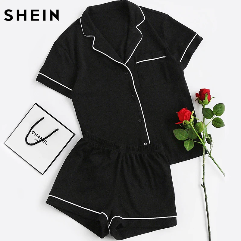 Baratos SHEIN contraste de pipas de bolsillo delantero pijama conjunto negro de manga corta solapa superior con cintura elástica pantalones cortos para mujer conjuntos de dos piezas