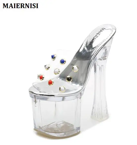 

Steel Tube Dancing Shoes Women Sandals 2018 Crystal Pearl Slipper Women Shoes Ultra High Heels 18CM Transparent Platform Slipper