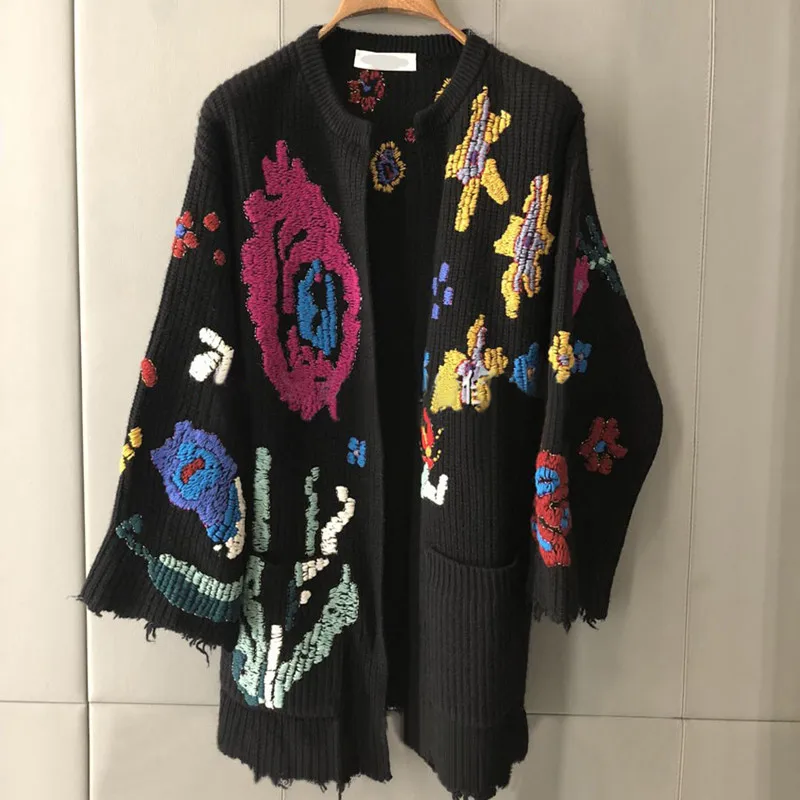 

High Quality Sweater for Women 2018 Runway Designer O Neck Vintage Embroidery Loose Knitted Cardigans Black