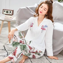 Осенний пижамный комплект из хлопка, элегантные женские пижамные комплекты, Дамская одежда для сна, Женский пижамный комплект, Женская домашняя одежда