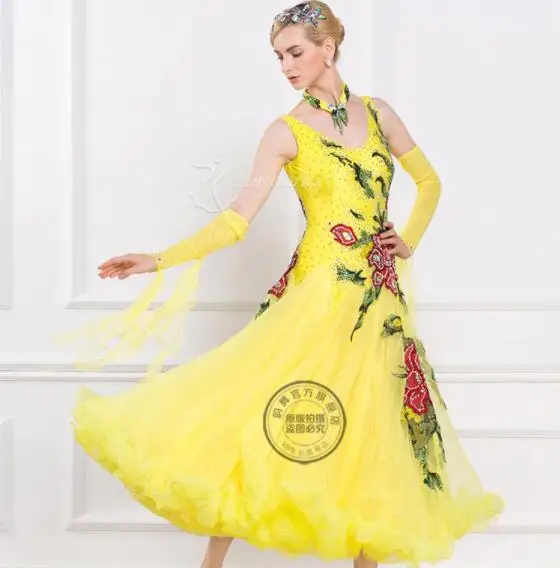 

customize elegant Yellow puff Fox trot Waltz tango salsa competition ballroom dance dress with Flower