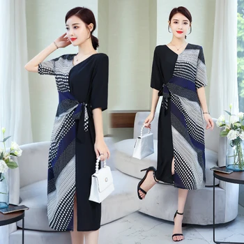 

2020 Summer Ovrsize Women Dresses Office Lady V-neck A-line Casual Elegant Plus Size Black Striped Dot Patchwork Dress Fashion