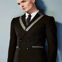 Итальянский стиль черный мужской костюм Серебряный нагрудный двубортный смокинг жениха 2 шт мужские свадебные вечерние костюмы выпускного вечера(куртка+ брюки) terno