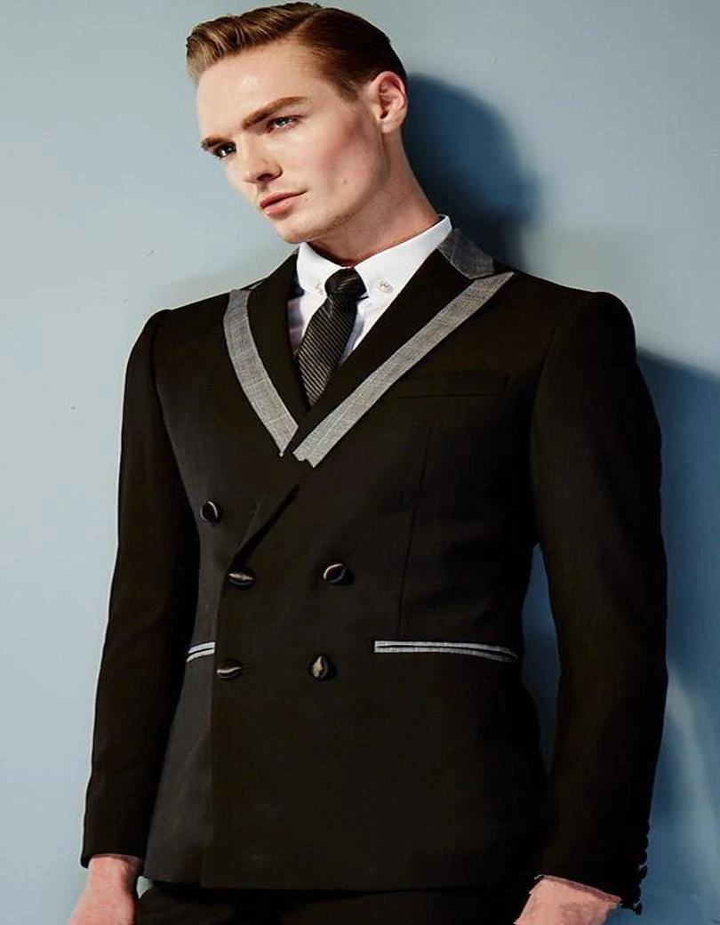 Italian Style Black Man Suit Silver Lapel Double Breasted Groom Tuxedos 2 Piece Mens Wedding