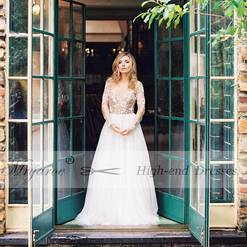 Mryarce Exclusive Lace Beading Open Back Wedding Dress Long Sleeve Scoop Tulle A Line Bridal Gowns Chic Style  (1)