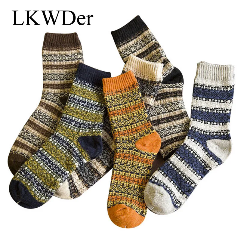 LKWDer 5 Pairs New Men's Winter Thick Wool Socks Retro Style Warm Wool
