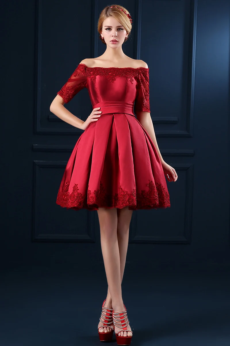 Red Cocktail Dress For Women Off The Shoulder Boat Neckline Short Sleeve Lace Appliqued Above The Knee Mini Party Gown Shoulder Cocktail Dress Red Shortdress For Aliexpress