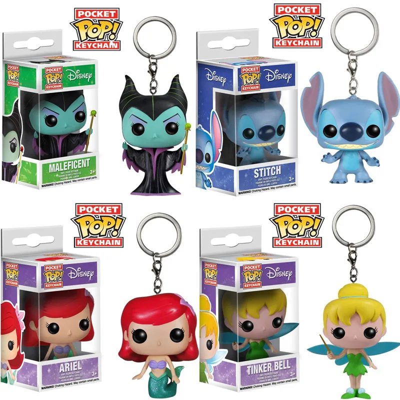 FUNKO POP Cute Cartoon Pocket Keychain Maleficent Tinker Bell Ariel Stitch Lilo Action Figures Toys for children birthday gift