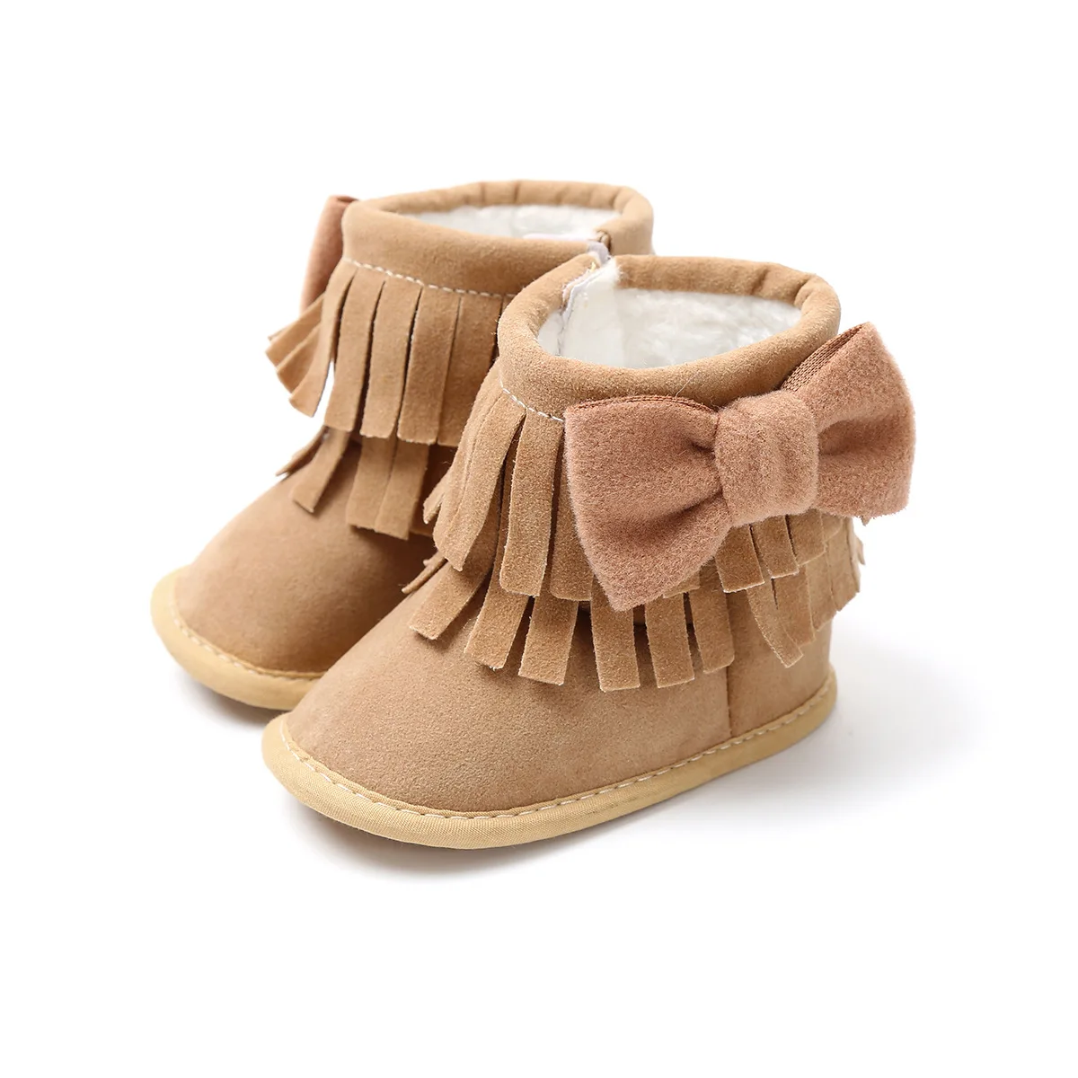 Фото Khaki Bowknot Tassel Leather Snow Boots Winter Newborn Girl Boy Shoes Non-slip Prewalker Booties Baby 0-18M.CX154B | Мать и ребенок