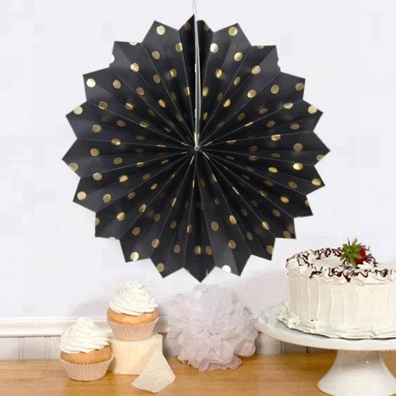 

1 pc Black Polka Dot Paper Fan Decoration Crinkle Rosettes Pinwheel Fans Backdrop for Wedding Shower Birthday Party