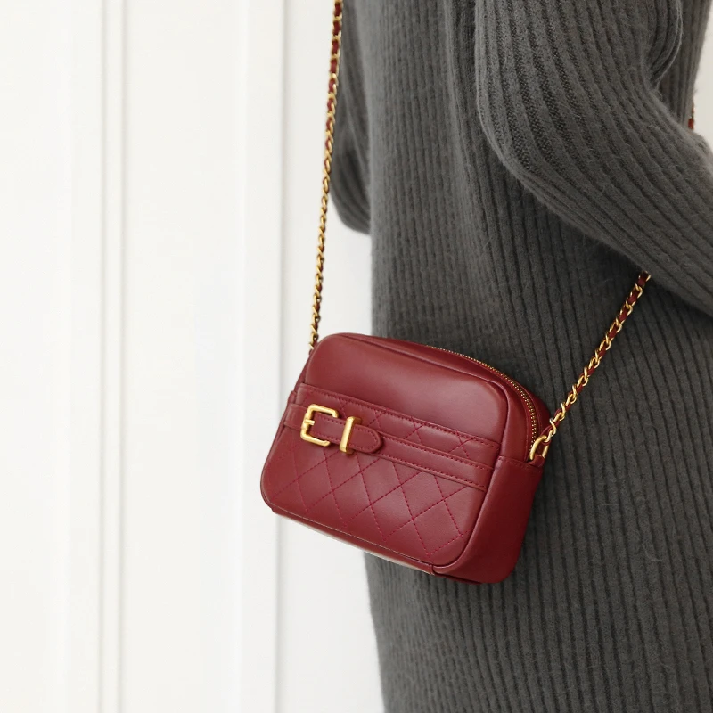 

WOONAM Women Fashion Handbag Top Hide Genuine Calf Leather Stitched Plaid Zip Box Belt Chain Camera Cross Body Bag WB811