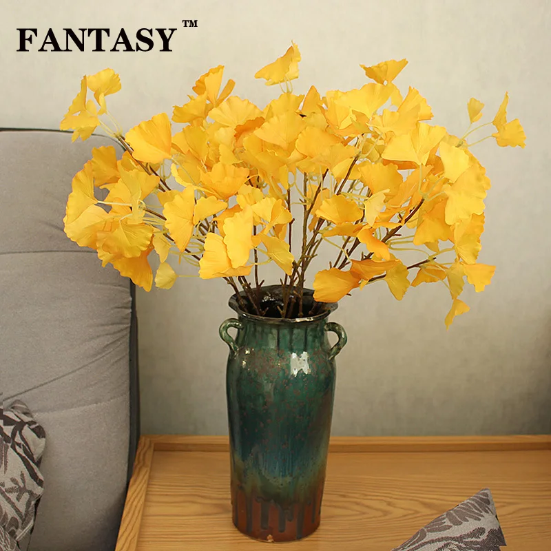 

FANTASY 3Fork Artificial Ginkgo Leafs Branch PU Yellow Tree Leaf Weeding Road Lead Flower Bouquet Fake Floral Garland Material