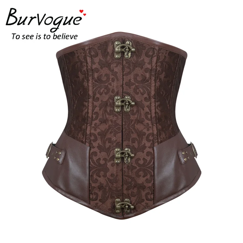 Tanie Burvogue modelowanie talii gorsety steampunk i gorsety skórzane gorsety Sexy kobiety Gothic Underbust gorsety stalowo usztywniane gorsety