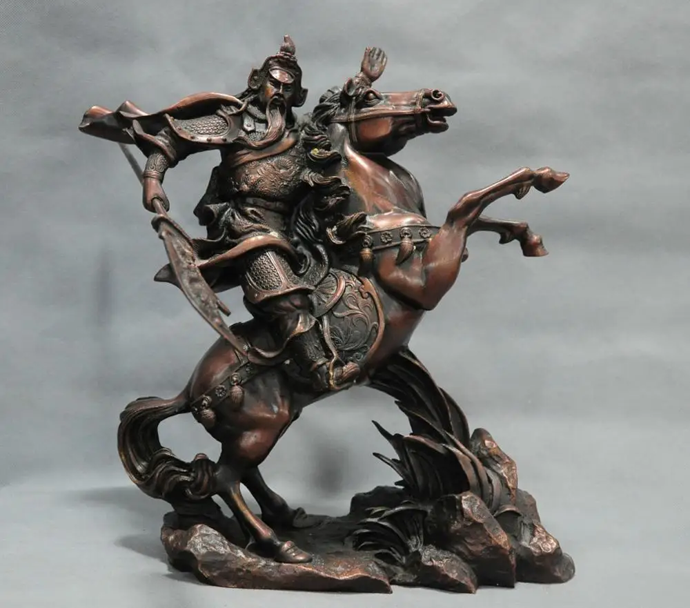 13'' China Ancient Warrior Knight Guan Gong Yu Ride Horse Bronze Statue