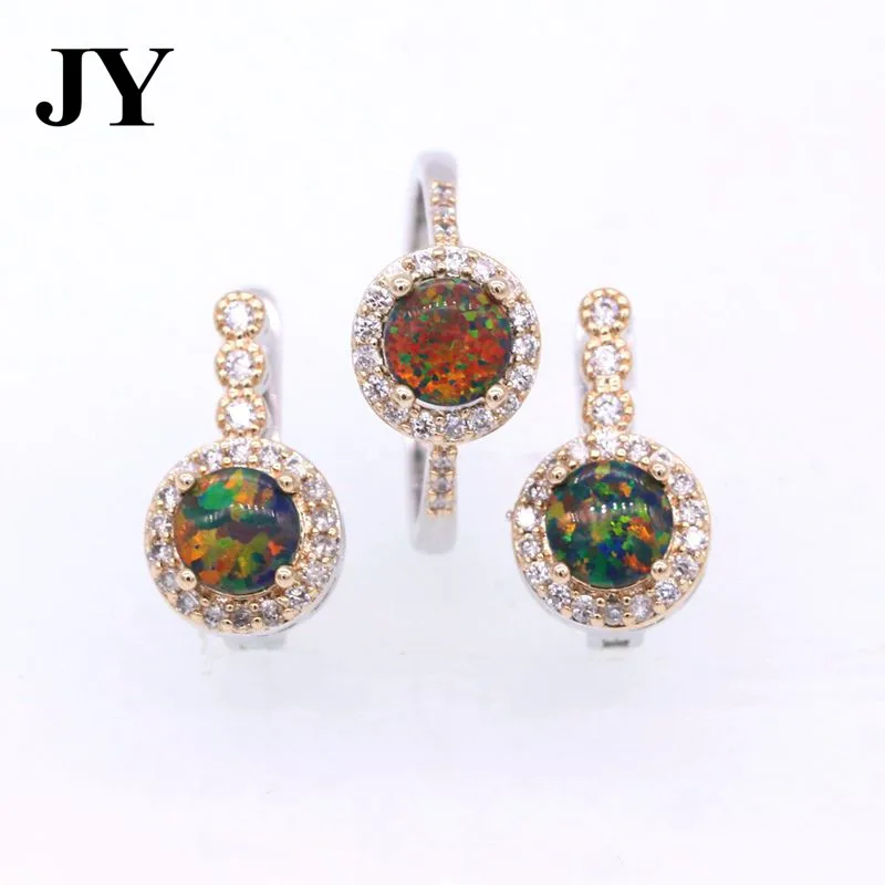 

JY Luxury Multiple Color Fire Opal Jewelry Sets For Women White zircon Double Gold Color Earrings&Rings Vintage Love Gift