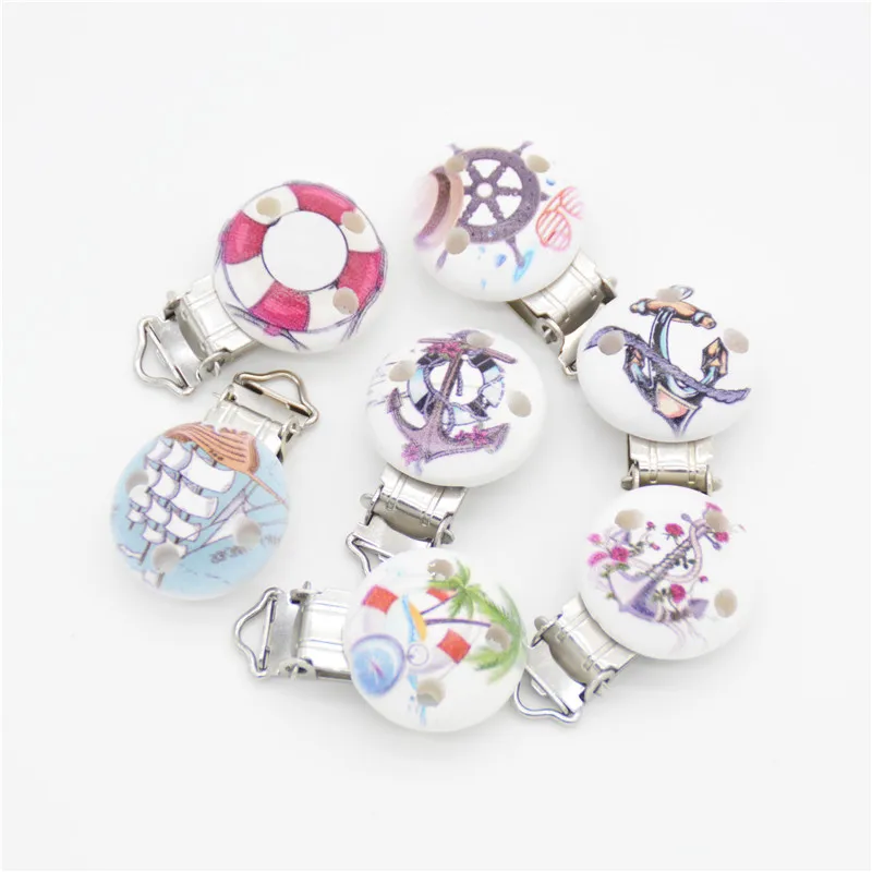

5 PCS Wood Baby Pacifier Clip Round Multicolor Anchors Pattern 4.4cm x 2.9cm(1 6/8" x1 1/8")