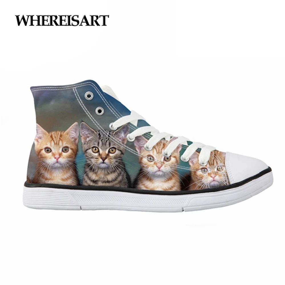 

WHEREISART Lovely Animal Cat Printed Women Shoes High Top Flats Women's Vulcanize Shoes Casual Sneakers Shoes Woman Canvas 2018