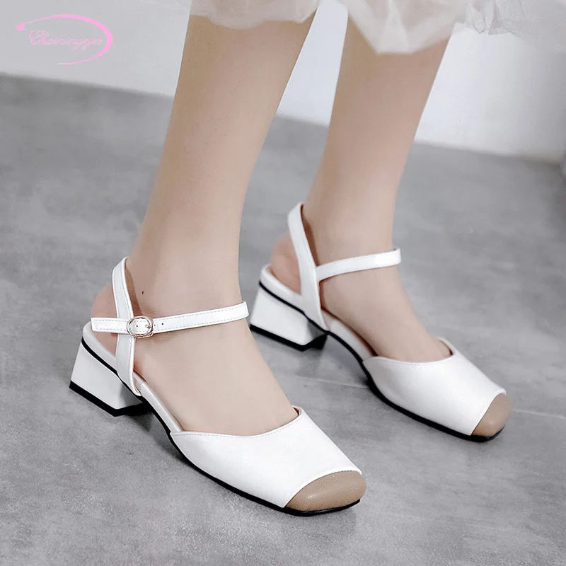 

British college style square toe summer sandals color matching buckle strap white grey black medium with chunky women's shoes