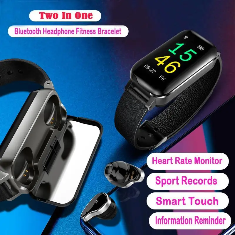 

2in1 Wireless Earphone Earbuds Smart Bracelet Blood Presure Tracker Bluetooth 5.0 Smart Watch Men For IOS Android Phone